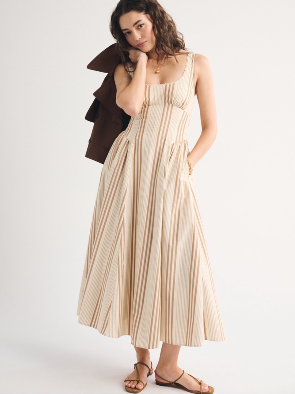 Abercrombie & Fitch 100% Cotton Bra Free Dylan Midi Dress Tan Stripe
